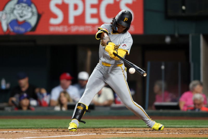 Aug 19, 2024; Arlington, Texas, USA; Pittsburgh Pirates center fielder Ji Hwan Bae (3) singles in the third inning against the Texas Rangers at Globe Life Field. Mandatory Credit: Tim Heitman-USA TODAY Sports