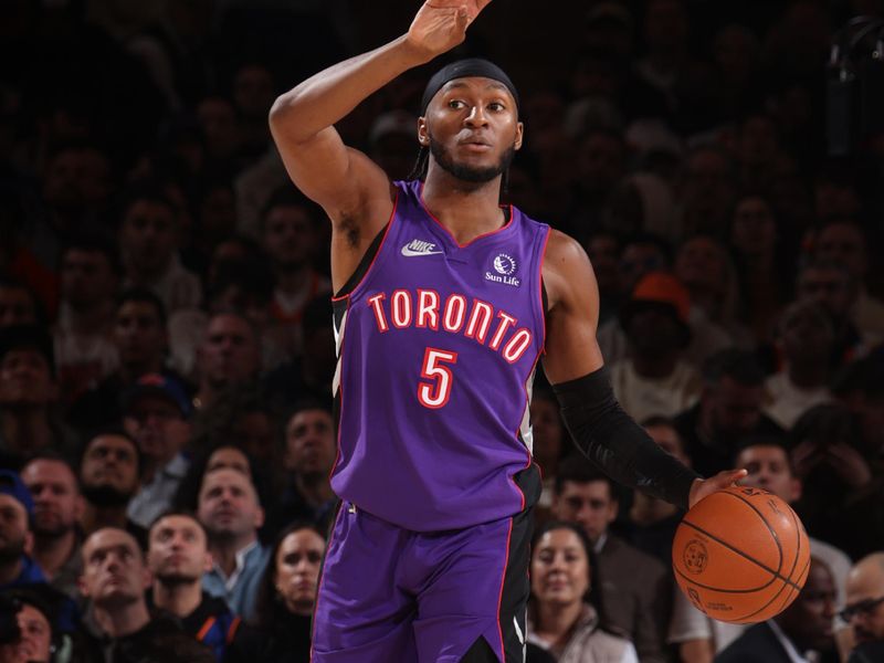 NEW YORK, NY - JANUARY 8:   Immanuel Quickley #5 of the Toronto Raptors dribbles the ball during the game against the New York Knicks on January 8, 2025 at Madison Square Garden in New York City, New York.  NOTE TO USER: User expressly acknowledges and agrees that, by downloading and or using this photograph, User is consenting to the terms and conditions of the Getty Images License Agreement. Mandatory Copyright Notice: Copyright 2024 NBAE  (Photo by Nathaniel S. Butler/NBAE via Getty Images)