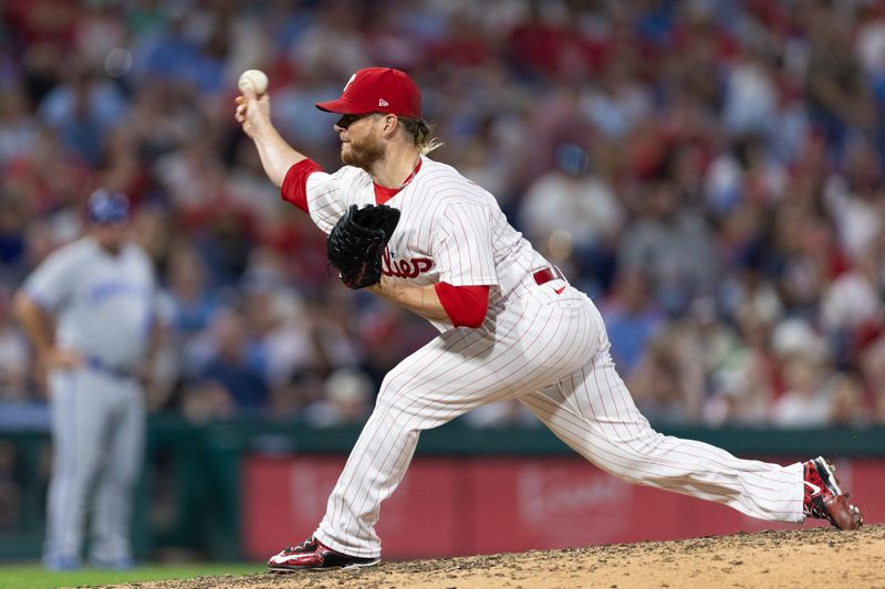 Aug 5, 2023; Philadelphia, Pennsylvania, USA; Philadelphia Phillies relief pitcher Craig Kimbrel (31) throws a pitch during the ninth inning against the Kansas City Royals at Citizens Bank Park. Mandatory Credit: Bill Streicher-USA TODAY Sports