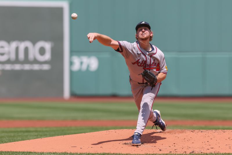 Jun 5, 2024; Boston, Massachusetts, USA; Atlanta Braves starting pitcher Spencer Schwellenbach (56) throws a pitch during the first inning against the Boston Red Sox at Fenway Park. Mandatory Credit: Paul Rutherford-USA TODAY Sports