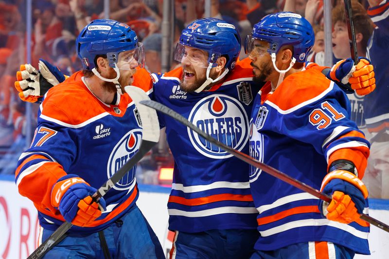 Jun 6, 2025; Edmonton, Alberta, CAN; Edmonton Oilers left wing Evander Kane (91) reacts after scoring a goal against the Florida Panthers during the first period in game two of the 2025 Stanley Cup Final at Rogers Place. Mandatory Credit: Perry Nelson-Imagn Images