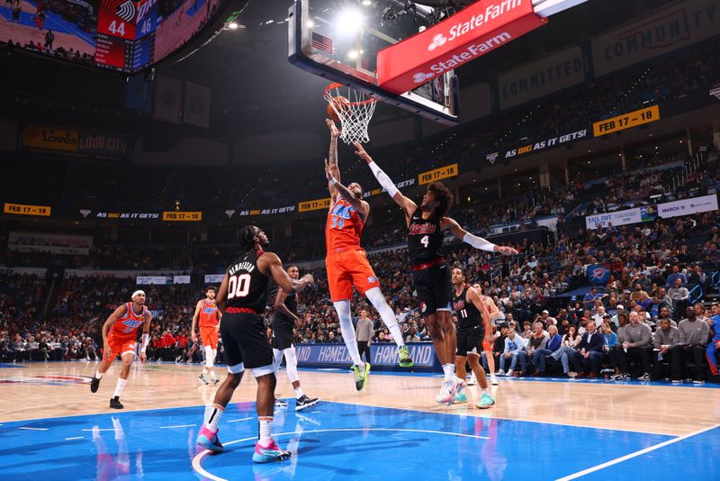 OKLAHOMA CITY, OK - JANUARY 23: Kenrich Williams #34 of the Oklahoma City Thunder shoots the ball during the game against the Portland Trail Blazers on January 23, 2024 at Paycom Arena in Oklahoma City, Oklahoma. NOTE TO USER: User expressly acknowledges and agrees that, by downloading and or using this photograph, User is consenting to the terms and conditions of the Getty Images License Agreement. Mandatory Copyright Notice: Copyright 2024 NBAE (Photo by Zach Beeker/NBAE via Getty Images)