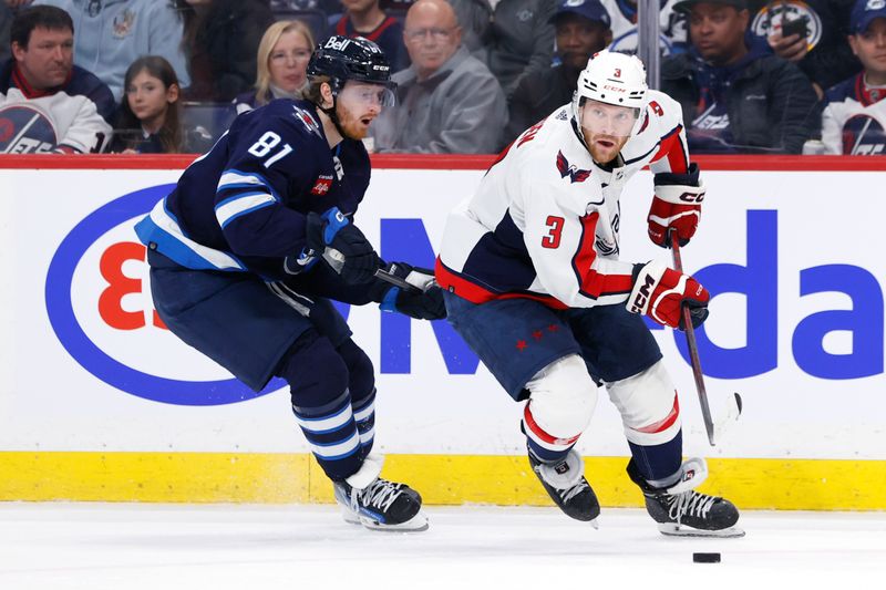 Mar 11, 2024; Winnipeg, Manitoba, CAN; Winnipeg Jets left wing Kyle Connor (81) chases down Washington Capitals defenseman Nick Jensen (3) in the second period at Canada Life Centre. Mandatory Credit: James Carey Lauder-USA TODAY Sports