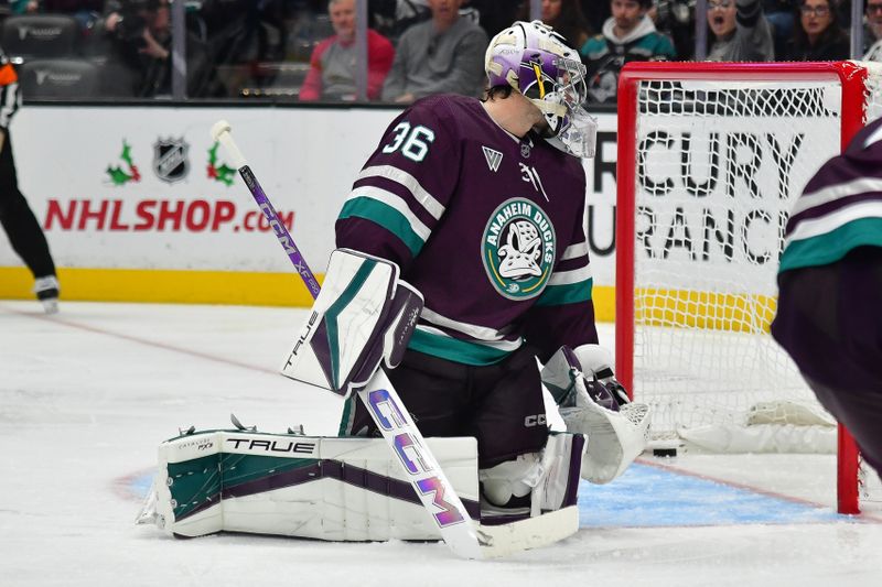 Nov 24, 2023; Anaheim, California, USA; Anaheim Ducks goaltender John Gibson (36) allows a goal scored by Los Angeles Kings center Anze Kopitar (11) during the third period at Honda Center. Mandatory Credit: Gary A. Vasquez-USA TODAY Sports