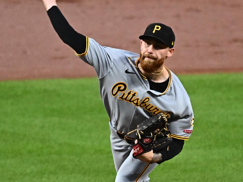Sep 9, 2025; Baltimore, Maryland, USA;  Pittsburgh Pirates pitcher Mike Burrows (53) delivers a pitch during the third inning against the Baltimore Orioles at Oriole Park at Camden Yards. Mandatory Credit: James A. Pittman-Imagn Images