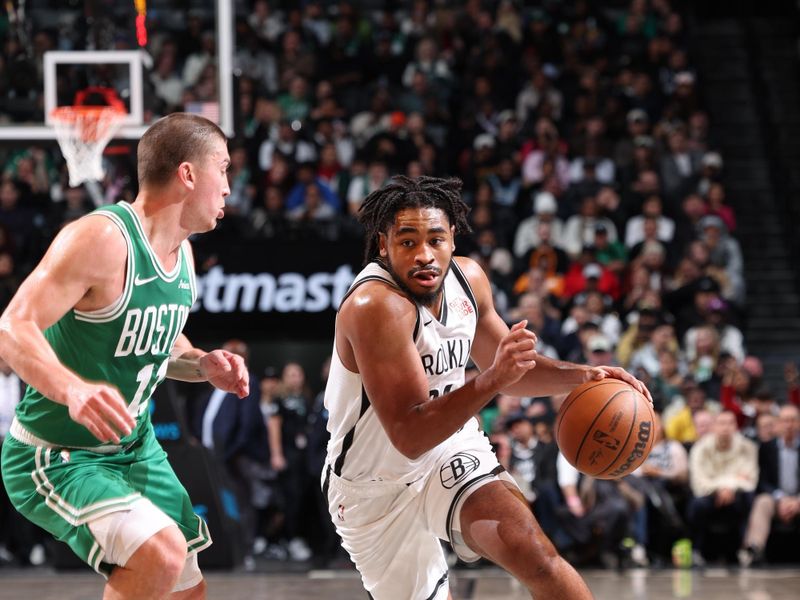 BROOKLYN, NY - NOVEMBER 13: Cam Thomas #24 of the Brooklyn Netsdribbles the ball during the game against the Boston Celtics on November 13, 2024 at Barclays Center in Brooklyn, New York. NOTE TO USER: User expressly acknowledges and agrees that, by downloading and or using this Photograph, user is consenting to the terms and conditions of the Getty Images License Agreement. Mandatory Copyright Notice: Copyright 2024 NBAE (Photo by Jeff Haynes/NBAE via Getty Images)