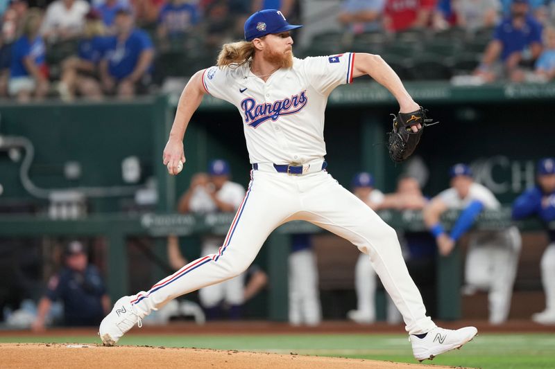 Jun 17, 2024; Arlington, Texas, USA; Texas Rangers starting pitcher Jon Gray (22) delivers a pitch to the New York Mets during the first inning at Globe Life Field. Mandatory Credit: Jim Cowsert-USA TODAY Sports