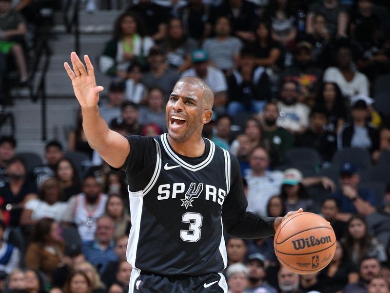 SAN ANTONIO, TX - NOVEMBER 2: Chris Paul #3 of the San Antonio Spurs dribbles the ball during the game against the Minnesota Timberwolves on November 2, 2024 at the Frost Bank Center in San Antonio, Texas. NOTE TO USER: User expressly acknowledges and agrees that, by downloading and or using this photograph, user is consenting to the terms and conditions of the Getty Images License Agreement. Mandatory Copyright Notice: Copyright 2024 NBAE (Photos by Michael Gonzales/NBAE via Getty Images)