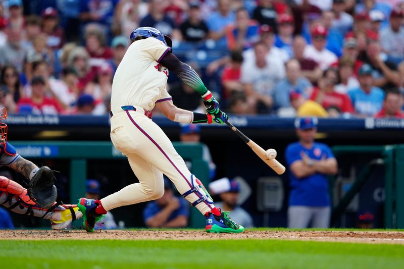 Sep 14, 2024; Philadelphia, Pennsylvania, USA; Philadelphia Phillies first baseman Bryce Harper (3) hits a home run against the New York Mets during the sixth inning at Citizens Bank Park. Mandatory Credit: Gregory Fisher-Imagn Images