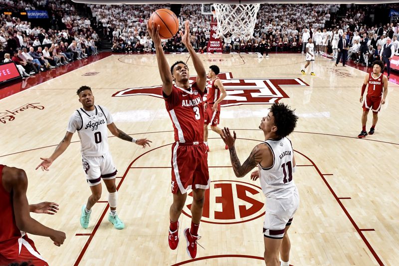 Mar 4, 2023; College Station, Texas, USA; Alabama Crimson Tide guard Rylan Griffen (3) shoots over Texas A&M Aggies forward Andersson Garcia (11) during the second half at Reed Arena. Mandatory Credit: Maria Lysaker-USA TODAY Sports