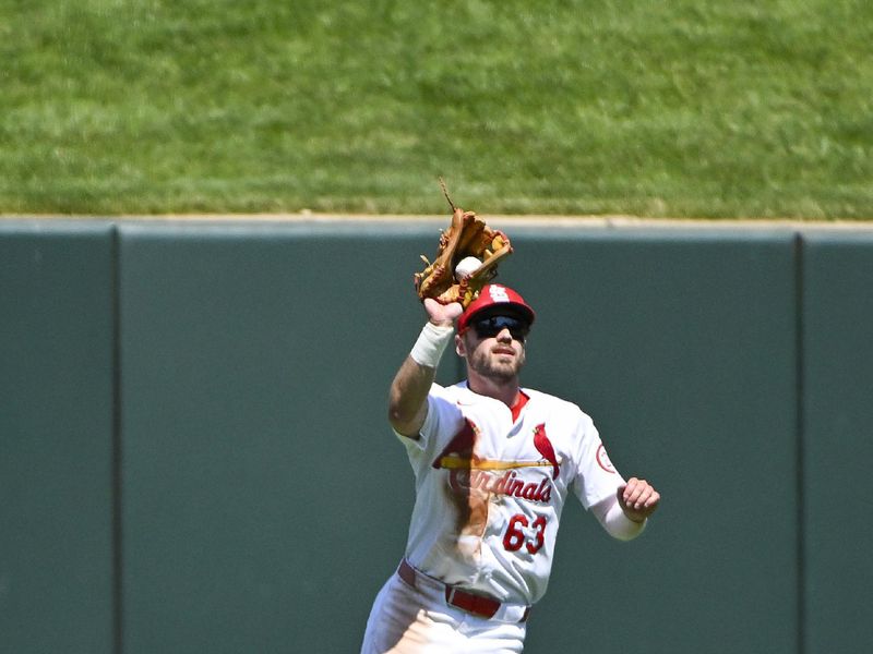 Jun 13, 2024; St. Louis, Missouri, USA;  St. Louis Cardinals center fielder Michael Siani (63) catches a fly ball against the Pittsburgh Pirates during the seventh inning at Busch Stadium. Mandatory Credit: Jeff Curry-USA TODAY Sports