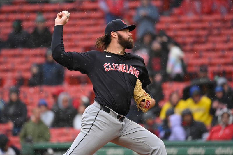 Apr 18, 2024; Boston, Massachusetts, USA; Cleveland Guardians pitcher Hunter Gaddis (33) pitches against the Boston Red Sox during the eighth inning at Fenway Park. Mandatory Credit: Eric Canha-USA TODAY Sports