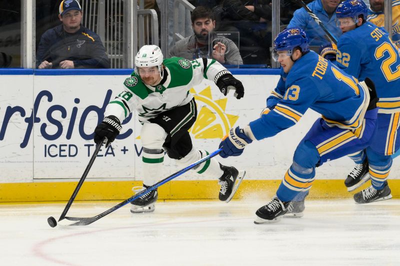 Jan 25, 2025; St. Louis, Missouri, USA; St. Louis Blues right wing Alexey Toropchenko (13) battles for the puck against Dallas Stars center Sam Steel (18) during the first period at Enterprise Center. Mandatory Credit: Jeff Le-Imagn Images