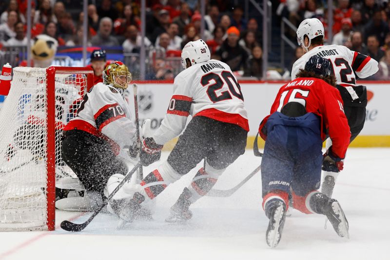 Apr 7, 2024; Washington, District of Columbia, USA; Ottawa Senators goaltender Joonas Korpisalo (70) makes a save on Washington Capitals left wing Sonny Milano (15) in the third period at Capital One Arena. Mandatory Credit: Geoff Burke-USA TODAY Sports