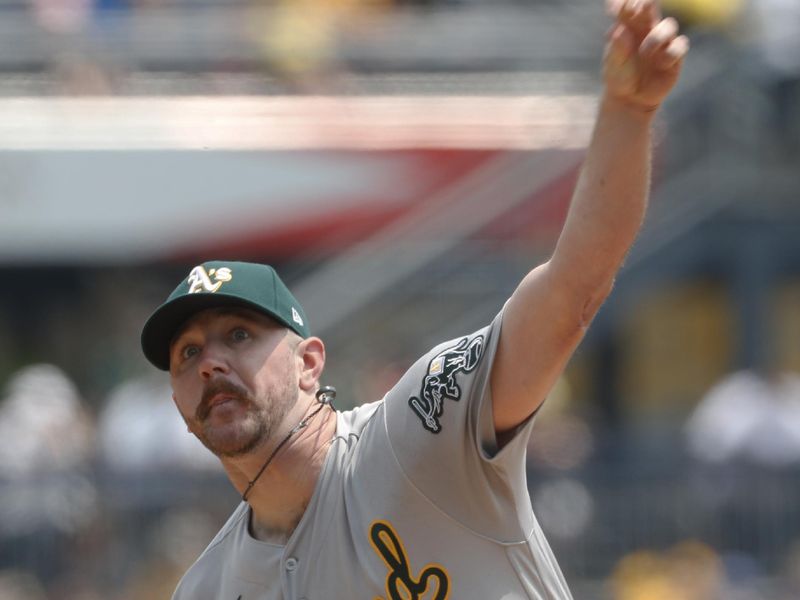 Jun 7, 2023; Pittsburgh, Pennsylvania, USA;  Oakland Athletics starting pitcher Hogan Harris (63) delivers a pitch against the Pittsburgh Pirates during the first inning at PNC Park. Mandatory Credit: Charles LeClaire-USA TODAY Sports