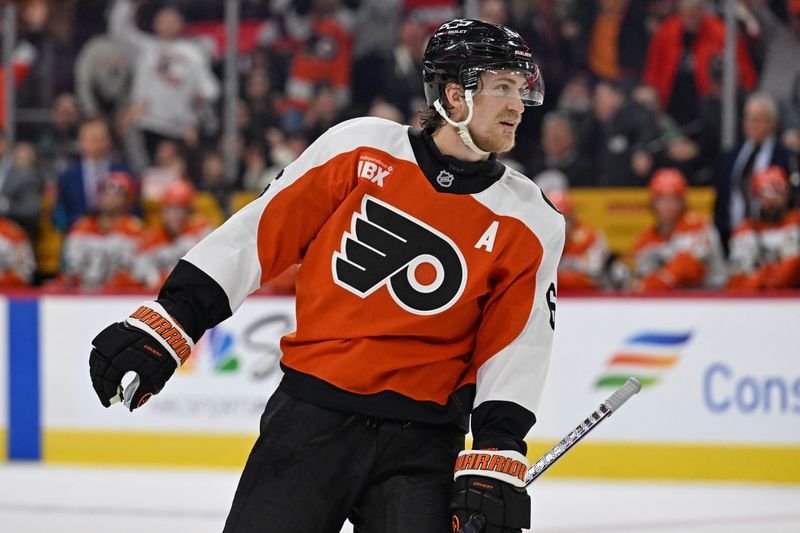 Jan 6, 2026; Philadelphia, Pennsylvania, USA; Philadelphia Flyers defenseman Travis Sanheim (6) celebrates his goal against the Anaheim Ducks during the second period at Xfinity Mobile Arena. Mandatory Credit: Eric Hartline-Imagn Images