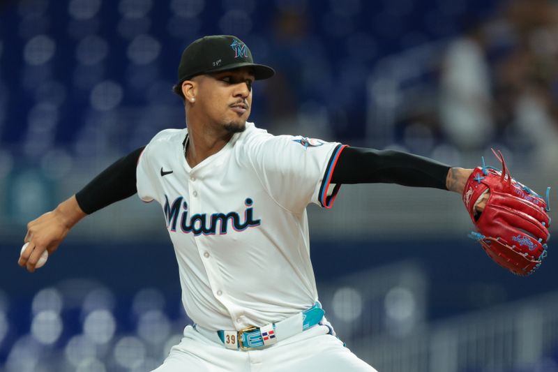 Sep 10, 2025; Miami, Florida, USA; Miami Marlins starting pitcher Eury Perez (39) delivers a pitch against the Washington Nationals during the first inning at loanDepot Park. Mandatory Credit: Sam Navarro-Imagn Images