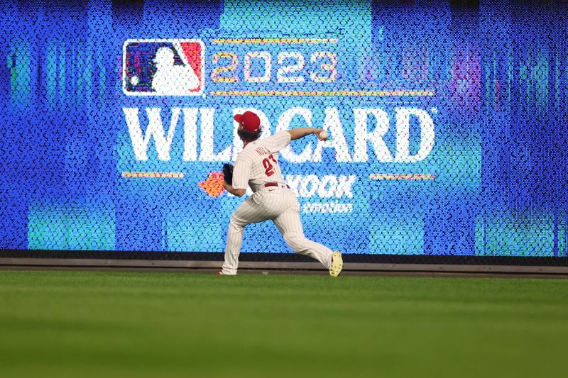 Oct 4, 2023; Philadelphia, Pennsylvania, USA; Philadelphia Phillies starting pitcher Aaron Nola (27) practices before game two of the Wildcard series for the 2023 MLB playoffs against the Miami Marlins at Citizens Bank Park. Mandatory Credit: Bill Streicher-USA TODAY Sports