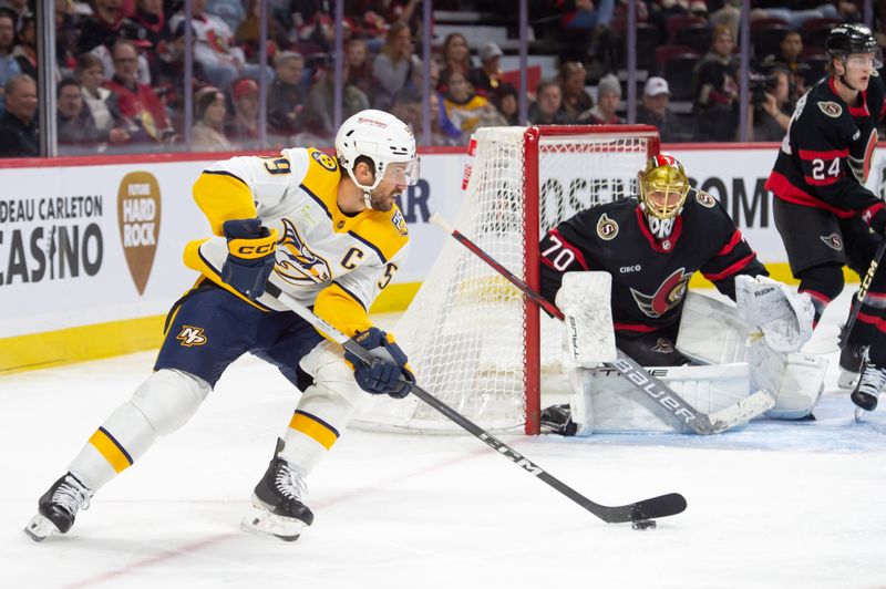 Jan 29, 2024; Ottawa, Ontario, CAN; Nashville Predators defenseman Roman Josi (59) skates with the puck in front of Ottawa Senators goalie Joonas Korpisalo (70) in the second period at the Canadian Tire Centre. Mandatory Credit: Marc DesRosiers-USA TODAY Sports