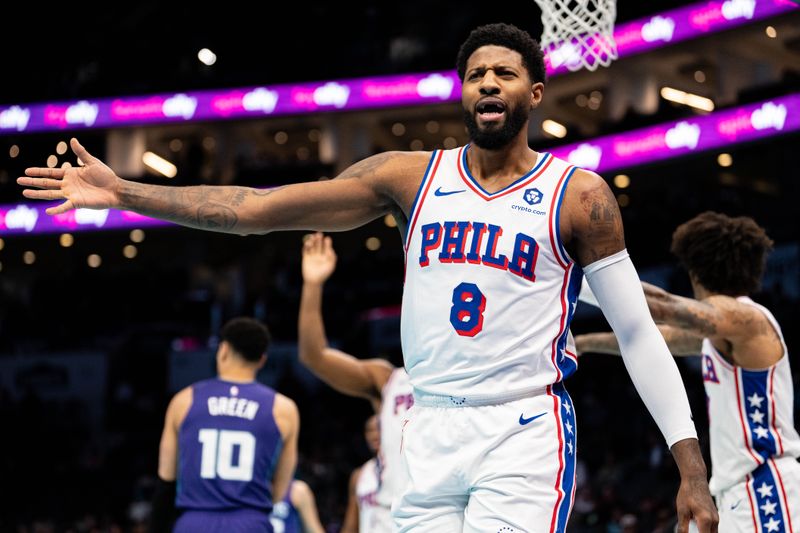 CHARLOTTE, NORTH CAROLINA - DECEMBER 03: Paul George #8 of the Philadelphia 76ers reacts in the first quarter of the game /C during the Emirates NBA Cup at Spectrum Center on December 03, 2024 in Charlotte, North Carolina. NOTE TO USER: User expressly acknowledges and agrees that, by downloading and or using this photograph, User is consenting to the terms and conditions of the Getty Images License Agreement. (Photo by Jacob Kupferman/Getty Images)