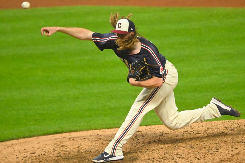 May 17, 2024; Cleveland, Ohio, USA; Cleveland Guardians relief pitcher Scott Barlow (58) delivers a pitch in the eighth inning against the Minnesota Twins at Progressive Field. Mandatory Credit: David Richard-USA TODAY Sports