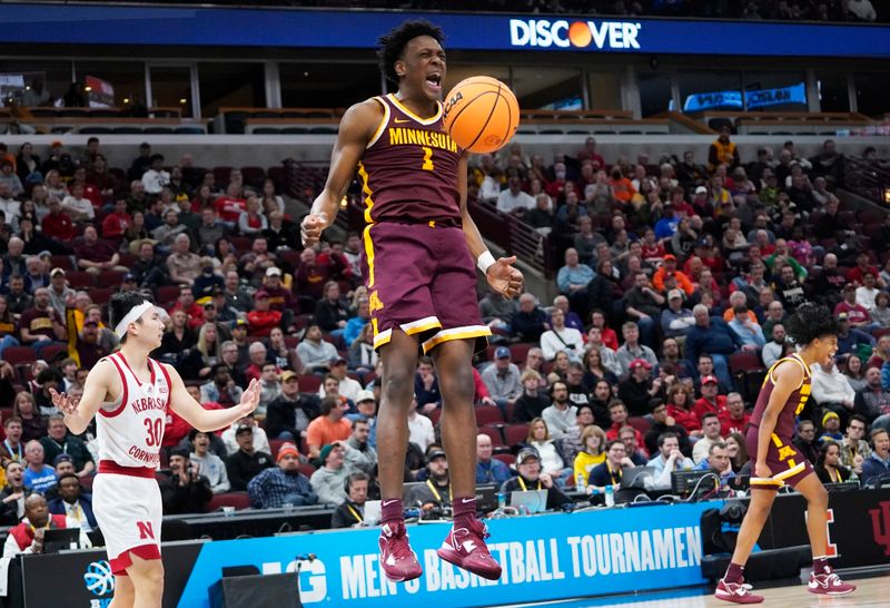 Mar 8, 2023; Chicago, IL, USA; Minnesota Golden Gophers forward Joshua Ola-Joseph (1) reacts after a dunk against the Nebraska Cornhuskers during the second half at United Center. Mandatory Credit: David Banks-USA TODAY Sports