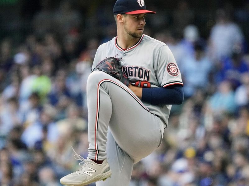 Jul 12, 2024; Milwaukee, Wisconsin, USA;  Washington Nationals pitcher Jackson Rutledge (79) throws a pitch during the first inning against the Milwaukee Brewers at American Family Field. Mandatory Credit: Jeff Hanisch-USA TODAY Sports