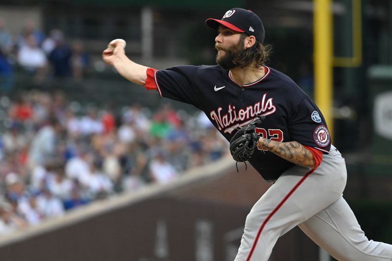 Jul 19, 2023; Chicago, Illinois, USA;  Washington Nationals starting pitcher Trevor Williams (32) delivers against the Chicago Cubs during the first inning at Wrigley Field. Mandatory Credit: Matt Marton-USA TODAY Sports