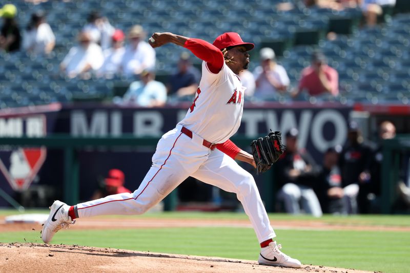Sep 10, 2025; Anaheim, California, USA;  Los Angeles Angels starting pitcher Jose Urena (54) pitches during the first inning against the Minnesota Twins at Angel Stadium. Mandatory Credit: Kiyoshi Mio-Imagn Images