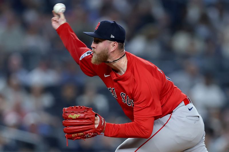 Jun 6, 2025; Bronx, New York, USA; Boston Red Sox relief pitcher Zack Kelly (76) pitches against the New York Yankees during the fourth inning at Yankee Stadium. Mandatory Credit: Brad Penner-Imagn Images