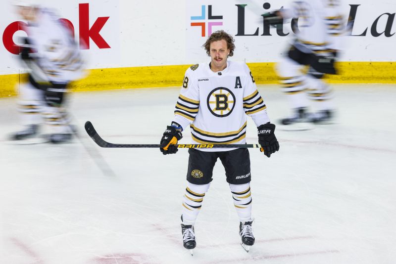 Feb 22, 2024; Calgary, Alberta, CAN; Boston Bruins right wing David Pastrnak (88) during the warmup period against the Calgary Flames at Scotiabank Saddledome. Mandatory Credit: Sergei Belski-USA TODAY Sports