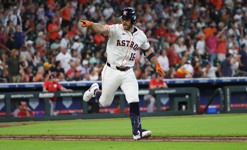 Jul 30, 2025; Houston, Texas, USA; Houston Astros left fielder Cooper Hummel (16) reacts to his two run home run against the Washington Nationals  in the sixth inning at Daikin Park. Mandatory Credit: Thomas Shea-Imagn Images
