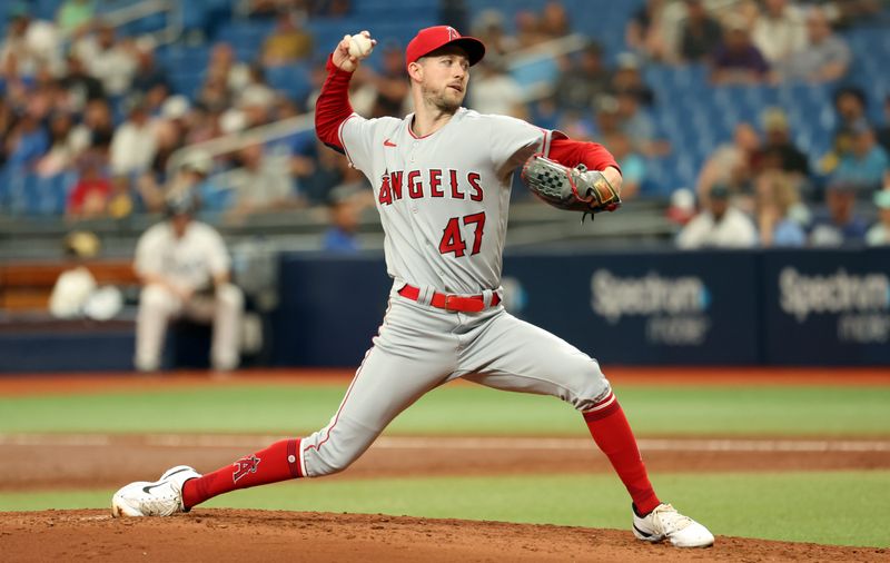 Sep 21, 2023; St. Petersburg, Florida, USA; Los Angeles Angels starting pitcher Griffin Canning (47) throws a pitch against the Tampa Bay Rays during the second inning at Tropicana Field. Mandatory Credit: Kim Klement Neitzel-USA TODAY Sports