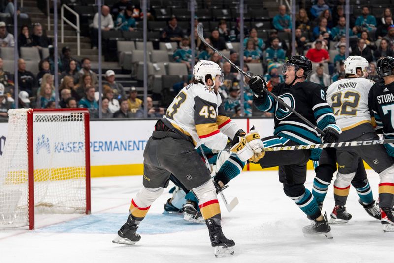 Feb 19, 2024; San Jose, California, USA; San Jose Sharks defenseman Ty Emberson (6) and Vegas Golden Knights center Paul Cotter (43) battle for position in front of the net during the first period at SAP Center at San Jose. Mandatory Credit: Neville E. Guard-USA TODAY Sports