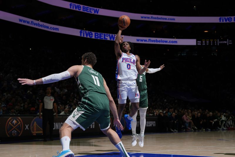 PHILADELPHIA, PA - FEBRUARY 25: Tyrese Maxey #0 of the Philadelphia 76ers drives to the basket during the game against the Milwaukee Bucks on February 25, 2024 at the Wells Fargo Center in Philadelphia, Pennsylvania NOTE TO USER: User expressly acknowledges and agrees that, by downloading and/or using this Photograph, user is consenting to the terms and conditions of the Getty Images License Agreement. Mandatory Copyright Notice: Copyright 2024 NBAE (Photo by Jesse D. Garrabrant/NBAE via Getty Images)