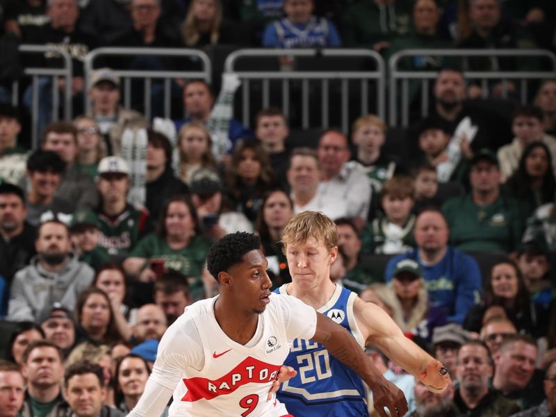 MILWAUKEE, WI - JANUARY 17: RJ Barrett #9 of the Toronto Raptors dribbles the ball during the game against the Milwaukee Bucks on January 17, 2025 at Fiserv Forum Center in Milwaukee, Wisconsin. NOTE TO USER: User expressly acknowledges and agrees that, by downloading and or using this Photograph, user is consenting to the terms and conditions of the Getty Images License Agreement. Mandatory Copyright Notice: Copyright 2025 NBAE (Photo by Gary Dineen/NBAE via Getty Images).