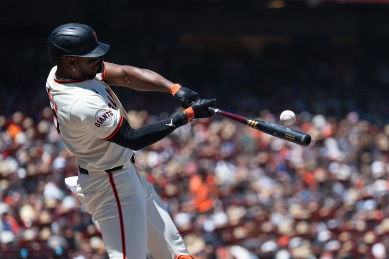Jun 16, 2024; San Francisco, California, USA;  San Francisco Giants designated hitter Jorge Soler (2) hits a three run home run during the fourth inning against the Los Angeles Angels at Oracle Park. Mandatory Credit: Stan Szeto-USA TODAY Sports