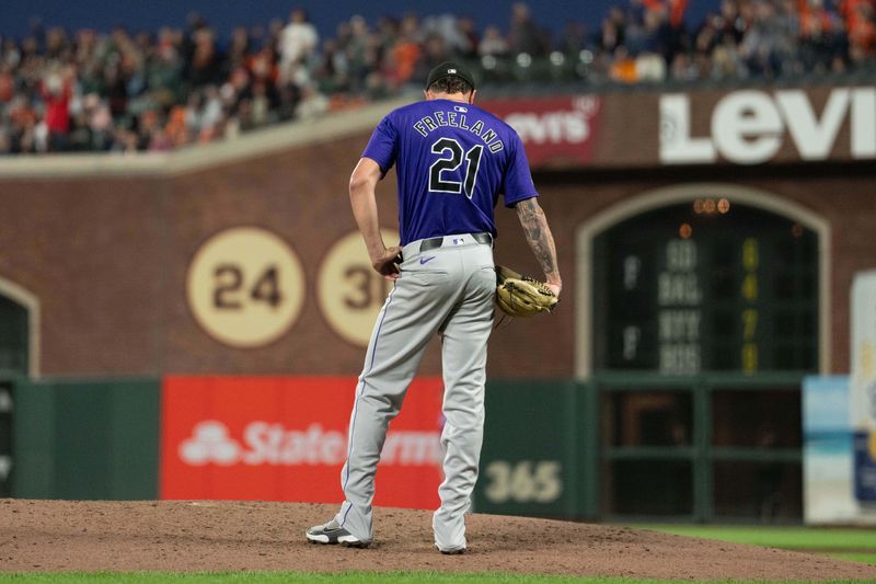 Jul 26, 2024; San Francisco, California, USA;  Colorado Rockies pitcher Kyle Freeland (21) reacts after giving up a two run home run during the fourth inning against the San Francisco Giants at Oracle Park. Mandatory Credit: Stan Szeto-USA TODAY Sports