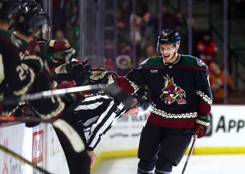 Jan 17, 2023; Tempe, Arizona, USA; Arizona Coyotes center Nick Bjugstad (17) celebrates with teammates after scoring a goal in a shootout against the Detroit Red Wings at Mullett Arena. Mandatory Credit: Mark J. Rebilas-USA TODAY Sports