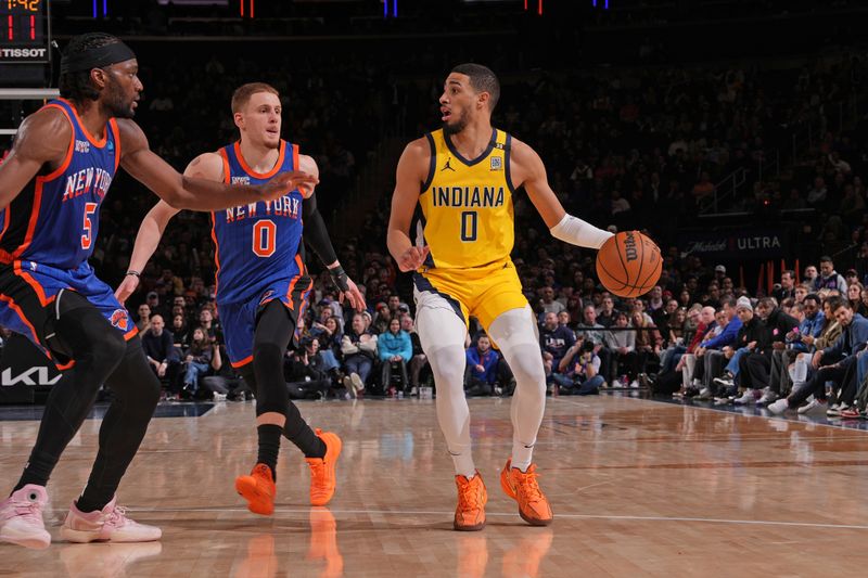 NEW YORK, NY - FEBRUARY 10: Tyrese Haliburton #0 of the Indiana Pacers dribbles the ball during the game against the New York Knicks on February 10, 2024 at Madison Square Garden in New York City, New York.  NOTE TO USER: User expressly acknowledges and agrees that, by downloading and or using this photograph, User is consenting to the terms and conditions of the Getty Images License Agreement. Mandatory Copyright Notice: Copyright 2024 NBAE  (Photo by Jesse D. Garrabrant/NBAE via Getty Images)