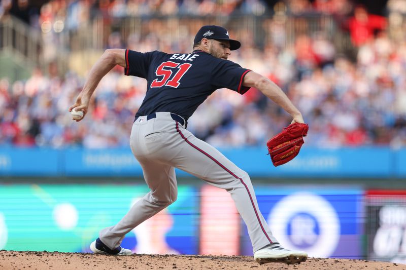 May 29, 2025; Philadelphia, Pennsylvania, USA; Atlanta Braves pitcher Chris Sale (51) throws a pitch against the Philadelphia Phillies during the third inning at Citizens Bank Park. Mandatory Credit: Bill Streicher-Imagn Images