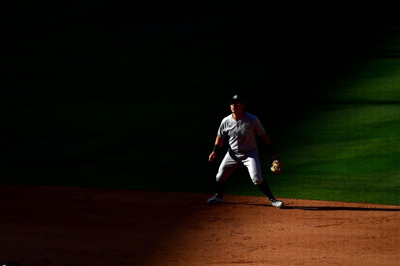 Jul 19, 2023; Anaheim, California, USA; New York Yankees shortstop Anthony Volpe (11) in position at shortstop against the Los Angeles Angels during the fifth inning at Angel Stadium. Mandatory Credit: Gary A. Vasquez-USA TODAY Sports
