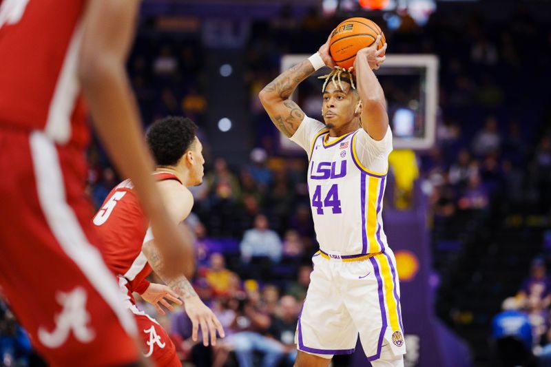 Feb 4, 2023; Baton Rouge, Louisiana, USA; LSU Tigers guard Adam Miller (44) shoots the ball against the Alabama Crimson Tide during the first half at Pete Maravich Assembly Center. Mandatory Credit: Andrew Wevers-USA TODAY Sports