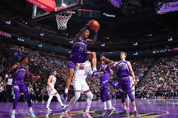 SALT LAKE CITY, UT - NOVEMBER 17: John Collins #20 of the Utah Jazz grabs the rebound during the game against the Phoenix Suns during the In-Season Tournament on November 17, 2023 at vivint.SmartHome Arena in Salt Lake City, Utah. NOTE TO USER: User expressly acknowledges and agrees that, by downloading and or using this Photograph, User is consenting to the terms and conditions of the Getty Images License Agreement. Mandatory Copyright Notice: Copyright 2023 NBAE (Photo by Melissa Majchrzak/NBAE via Getty Images)