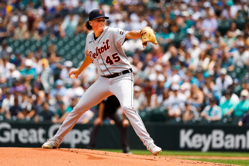 Jul 16, 2023; Seattle, Washington, USA; Detroit Tigers starting pitcher Reese Olson (45) throws against the Seattle Mariners during the first inning at T-Mobile Park. Mandatory Credit: Joe Nicholson-USA TODAY Sports