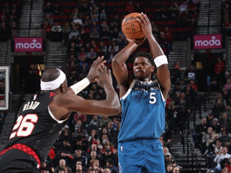 PORTLAND, OR - FEBRUARY 15: Anthony Edwards #5 of the Minnesota Timberwolves shoots the ball during the game against the Portland Trail Blazers on February 15, 2024 at the Moda Center Arena in Portland, Oregon. NOTE TO USER: User expressly acknowledges and agrees that, by downloading and or using this photograph, user is consenting to the terms and conditions of the Getty Images License Agreement. Mandatory Copyright Notice: Copyright 2024 NBAE (Photo by Cameron Browne/NBAE via Getty Images)