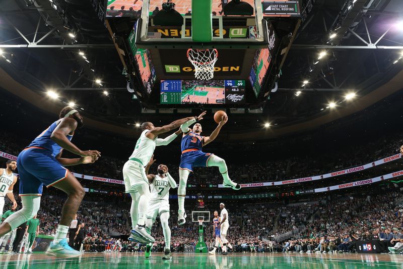 BOSTON, MA - APRIL 11: Josh Hart #3 of the New York Knicks drives to the basket during the game against the Boston Celtics on April 11, 2024 at the TD Garden in Boston, Massachusetts. NOTE TO USER: User expressly acknowledges and agrees that, by downloading and or using this photograph, User is consenting to the terms and conditions of the Getty Images License Agreement. Mandatory Copyright Notice: Copyright 2024 NBAE  (Photo by Nathaniel S. Butler/NBAE via Getty Images)