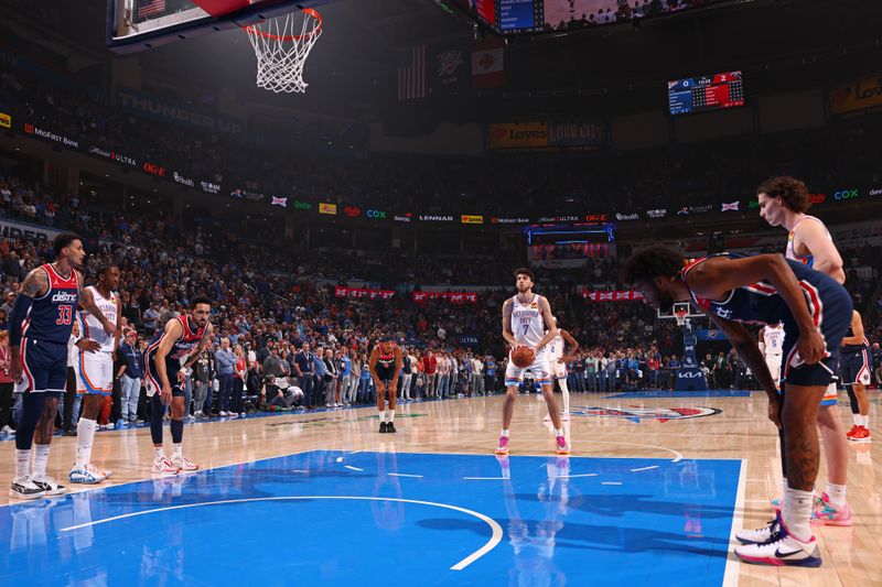 OKLAHOMA CITY, OK - FEBRUARY 23: Chet Holmgren #7 of the Oklahoma City Thunder prepares to shoot a free throw during the game against the Washington Wizards on February 23, 2024 at Paycom Arena in Oklahoma City, Oklahoma. NOTE TO USER: User expressly acknowledges and agrees that, by downloading and or using this photograph, User is consenting to the terms and conditions of the Getty Images License Agreement. Mandatory Copyright Notice: Copyright 2024 NBAE (Photo by Zach Beeker/NBAE via Getty Images)