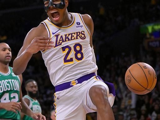 LOS ANGELES, CALIFORNIA - DECEMBER 25: Rui Hachimura #28 of the Los Angeles Lakers reacts after a dunk against the Boston Celtics at Crypto.com Arena on December 25, 2023 in Los Angeles, California. NOTE TO USER: User expressly acknowledges and agrees that, by downloading and or using this photograph, User is consenting to the terms and conditions of the Getty Images License Agreement.(Photo by Jayne Kamin-Oncea/Getty Images)