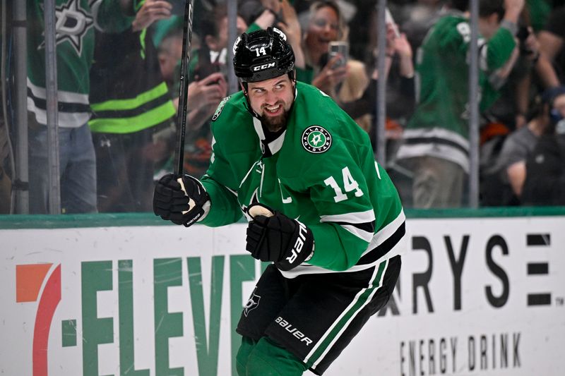 Mar 10, 2026; Dallas, Texas, USA; Dallas Stars left wing Jamie Benn (14) celebrates scoring a goal against the Vegas Golden Knights during the second period at the American Airlines Center. Mandatory Credit: Jerome Miron-Imagn Images
